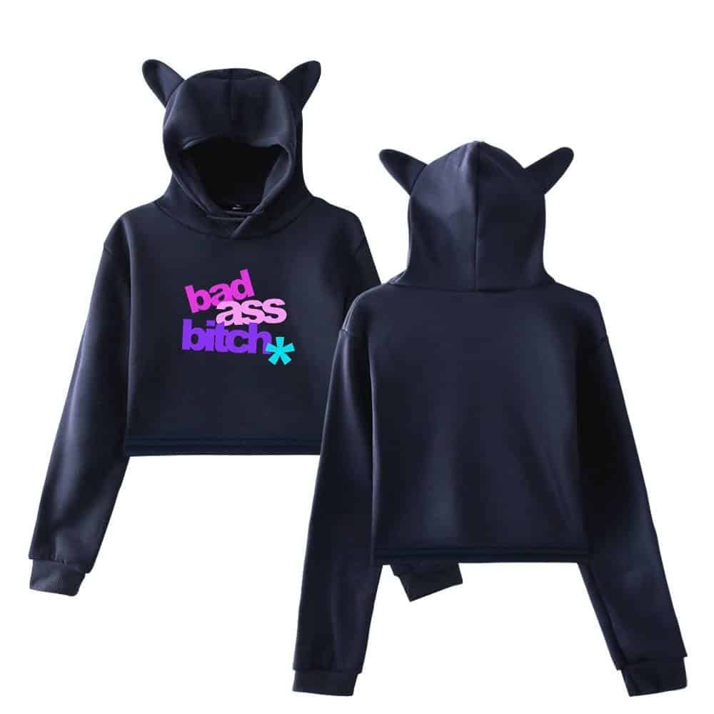 Black hooded sweatshirt with cat ears and bold purple and pink text, perfect for casual wear.
