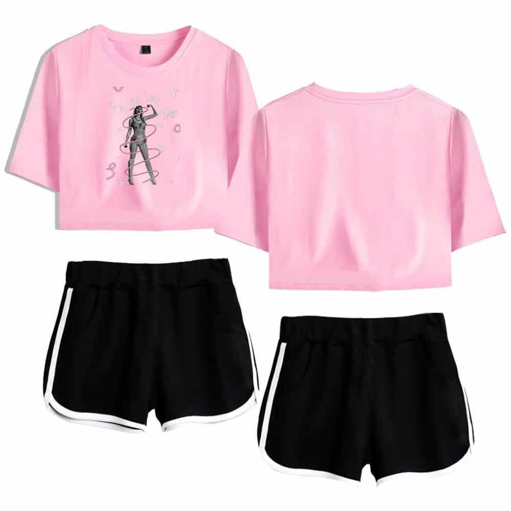 Vintage pink graphic crop top and black athletic shorts set, affordable high-quality sportswear, perfect for casual wear or workouts. Stylish, comfortable, and budget-friendly.
