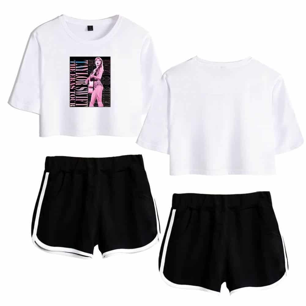 White cropped graphic t-shirt with printed design, black athletic shorts with white trim, casual sportswear set, affordable and high-quality merchandise suitable for activewear and street style.
