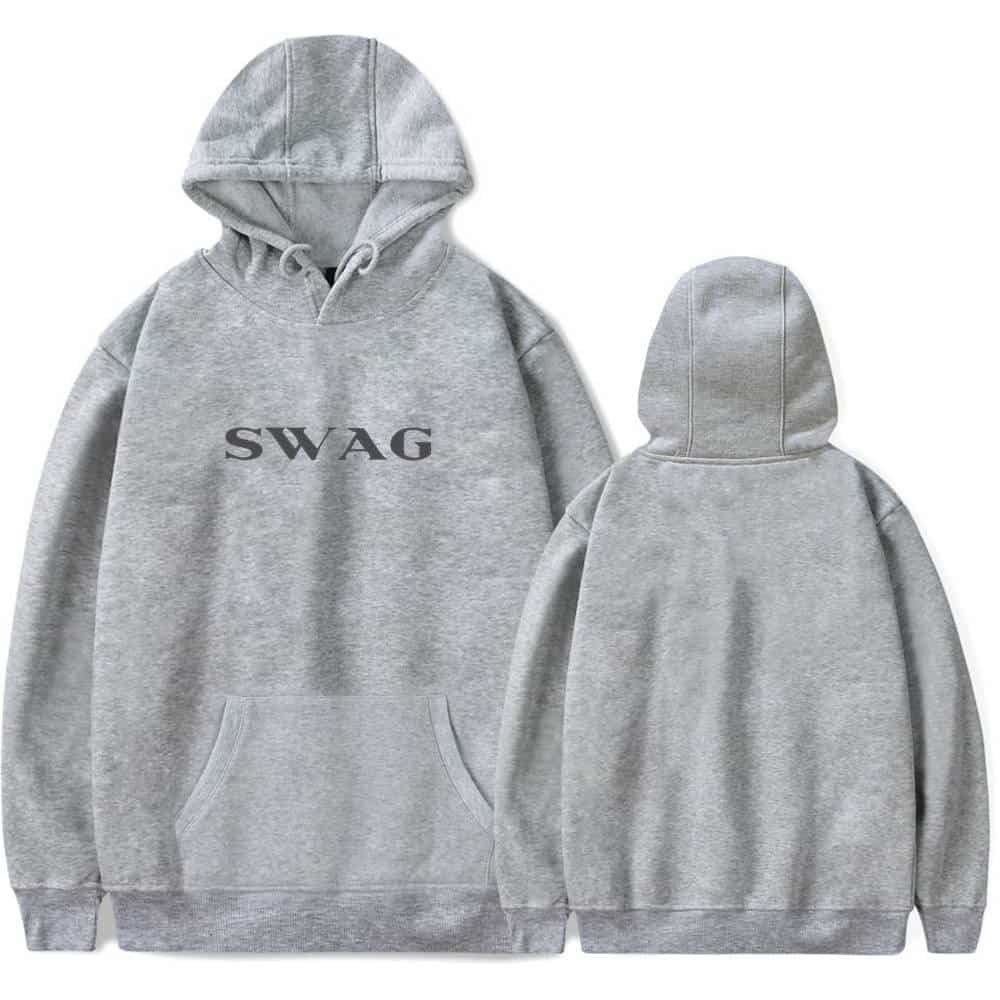 Cheap high quality merch sweatshirt with "SWAG" text, gray hoodie, soft fabric, stylish and affordable casual wear, perfect for streetwear or lounging.