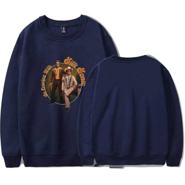 Affordable high-quality navy sweatshirt featuring a stylish graphic print of two fashionable individuals with the text "An Evening With Sir Saran." Perfect for casual wear and trendy streetwear.