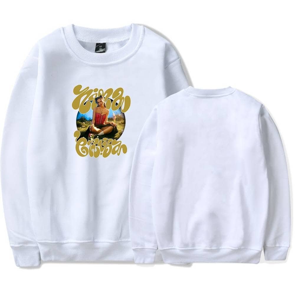 High-quality white sweatshirt featuring vibrant printed artwork and text, perfect for stylish casual wear. Affordable and durable, ideal for fans of trendy, inexpensive merch with great print quality.