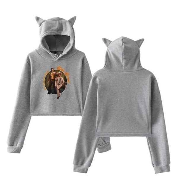 Comfy grey hoodie and jogger set with cute cat ears on the hood, featuring a stylish graphic print on the front for a fun and affordable high-quality casual look.