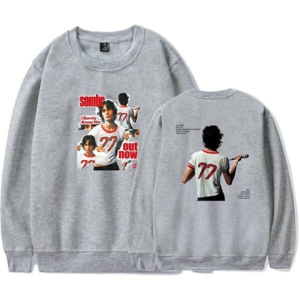 Affordable high-quality sweatshirt featuring a stylish graphic print of a woman in a sports jersey with the number 77. Perfect for casual wear and fans of trendy, low-cost merch.