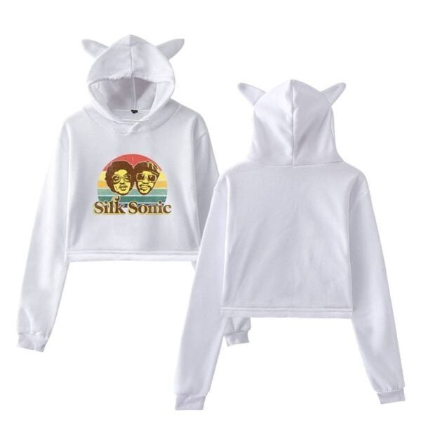 Silk sonic hoodie with animal ears, white sweatshirt with colorful graphic print, casual high-quality streetwear for men and women.