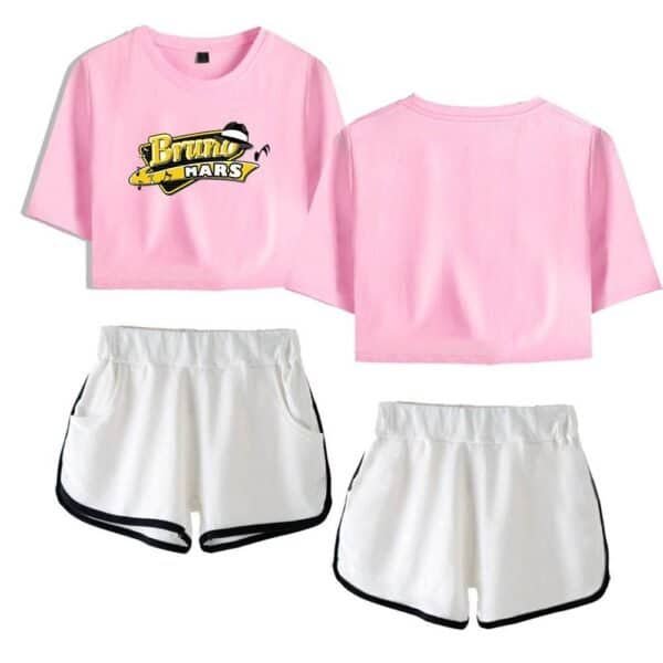 Pink crop top with "Bruno Mars" logo, casual sporty shorts, affordable high-quality merchandise, trendy streetwear for fans, stylish and comfortable clothing for everyday wear.