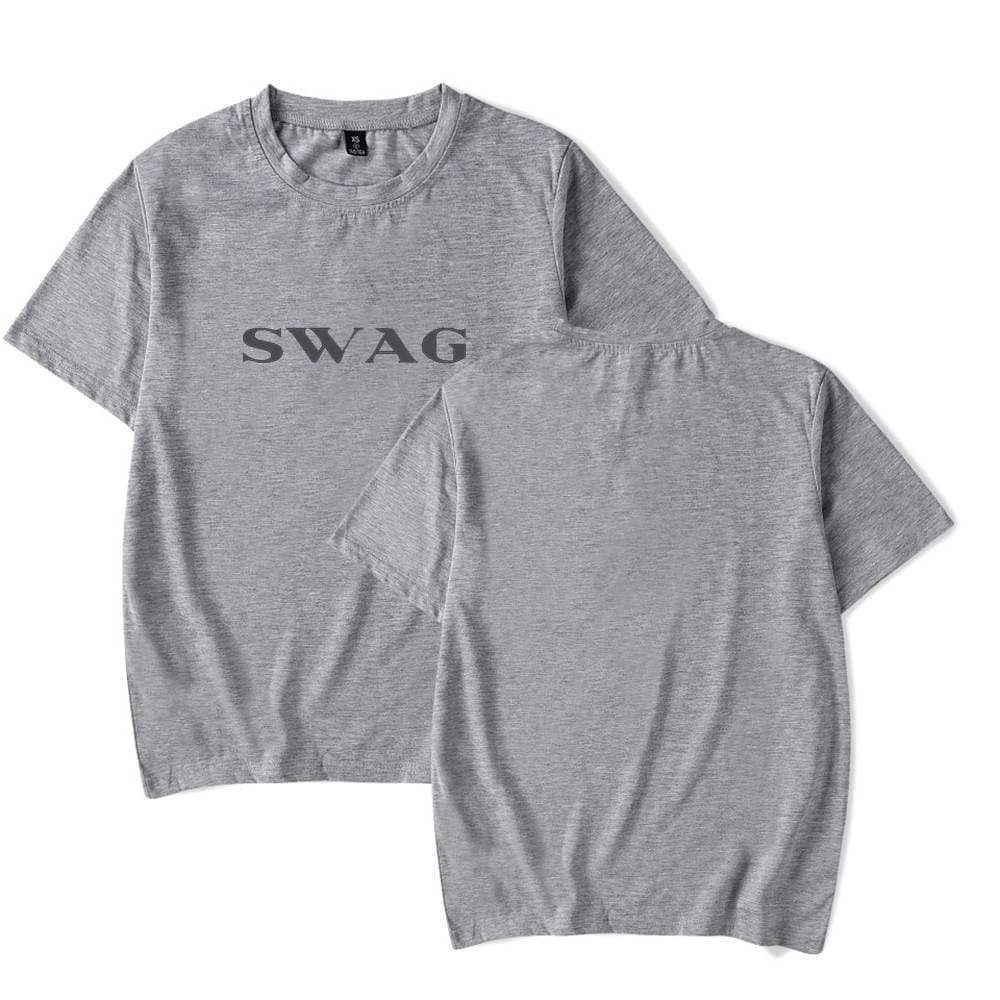 Swag printed gray t-shirt, high-quality casual merchandise, affordable and trendy, perfect for streetwear and fans alike.