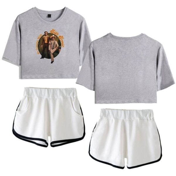 Plain gray crop t-shirt with graphic design and white casual shorts with black trim, affordable high-quality merch, perfect for comfortable streetwear or casual outings, trendy and budget-friendly options available.